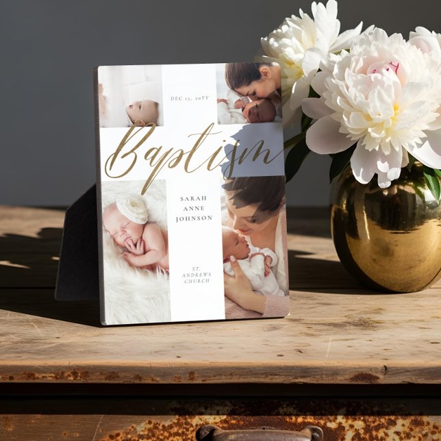 Plaque Photo Baptême Gold Calligraphie Photo Collage Keepsaké (Gold Calligraphy Photo Collage Baby Baptism Cross Plaque)