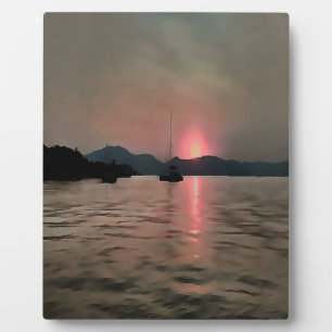 Plaque Photo Bateau à voile au coucher du soleil sur l'océan Co