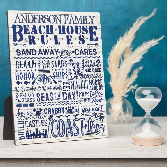 Plaque Photo Beach House Rules Coastal Blue Famille personnalis (Côté)