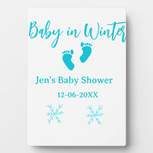 Plaque Photo Bébé en hiver baby shower bleu bébé pieds snowflak