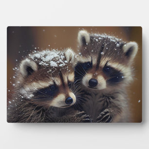 Plaque Photo Bébé Raccoons se blottit dans la neige tombante