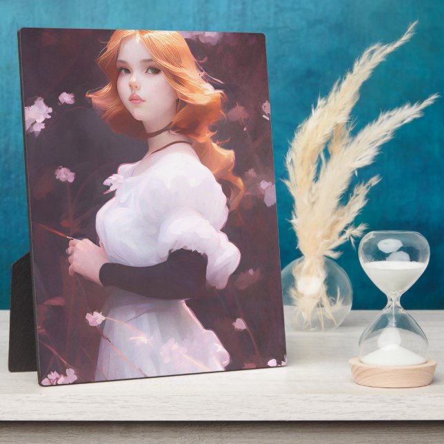 Plaque Photo Belle Jeune Fille Parmi Les Fleurs Roses Portrait (Côté)