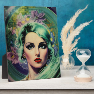 Plaque Photo Belle Lavande & Green Retro Style Space Woman