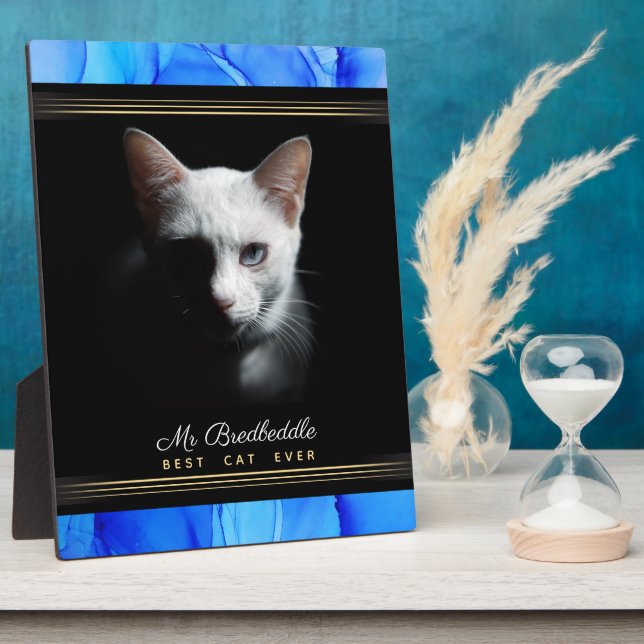 Plaque Photo Best Cat Ever Blue Abstract Named Photo Template (Côté)