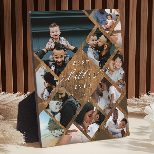 Plaque Photo Best Father Ever Modern Photo Collage Woodgrain (Best Father Ever Modern Photo Collage Woodgrain Plaque)