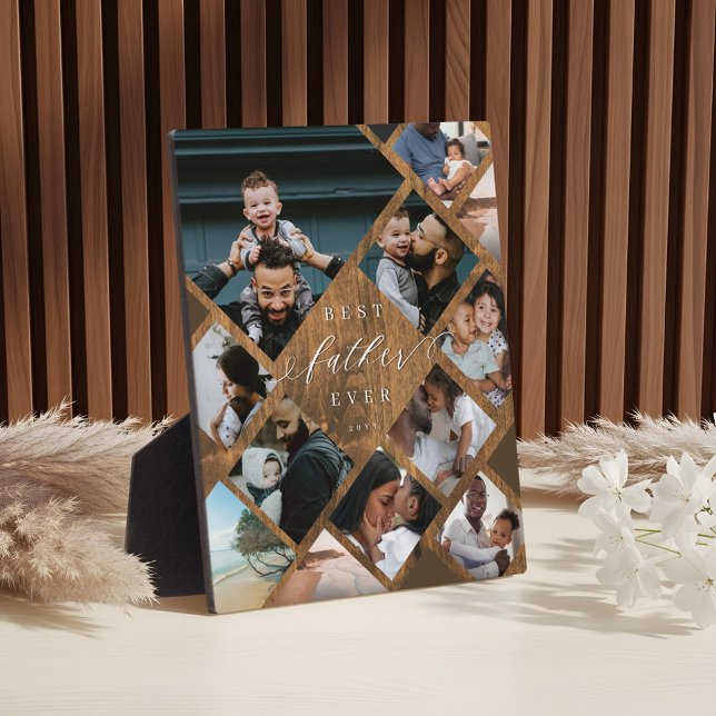 Plaque Photo Best Father Ever Modern Photo Collage Woodgrain (Best Father Ever Modern Photo Collage Woodgrain Plaque)