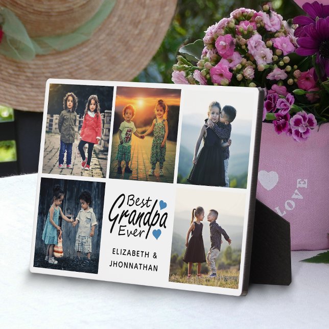 Plaque Photo Best Grandpa Ever Script Blue Heart Photo Collage (Créateur téléchargé)