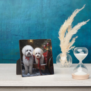 Plaque Photo Bichon Frisé Traîneau enneigé Décor de Noël