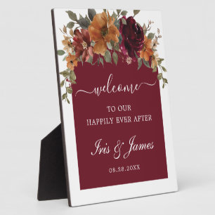 Plaque Photo Bienvenue au mariage avec arche florale bordeaux e