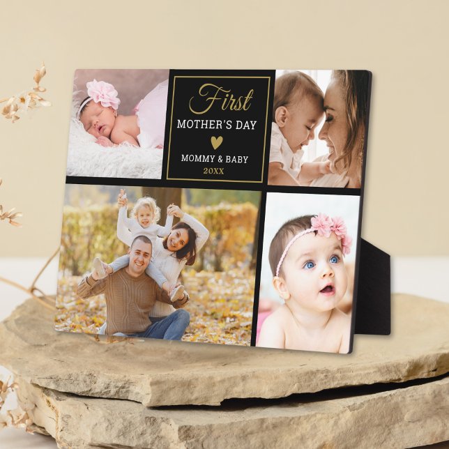 Plaque Photo Black And Gold 4 photo Collage Fête des mères (Black And Gold 4 photo Collage First Mother's Day Plaque
)