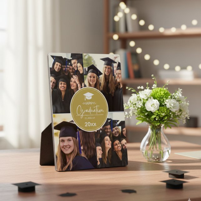 Plaque Photo Black Gold Photo Collage Happy Graduation (Graduation Photo Collage Elegant Class of 2026 Design Plaque)