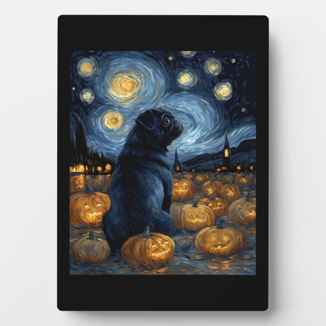 Plaque Photo Black Pug dog of van gogh starry night halloween F (Devant)