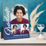 Plaque Photo Bleu Graduation 3 Photo Bold Arch Script Moderne<br><div class="desc">Soyez fier, réjouissez-vous et présentez cette étape importante de votre grade favori. Créez cette plaque de dos simple, moderne, minimaliste personnalisée 3 chevalets photo pour un souvenir que vous serez toujours chérir. Calligraphie écriture manuscrite, graphique, grasse, typographie sans serif et 3 photos de votre choix en forme d'arc superposent un...</div>