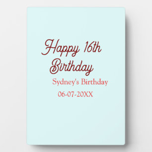 Plaque Photo Bleu pastel rouge joyeux 16e anniversaire nom date