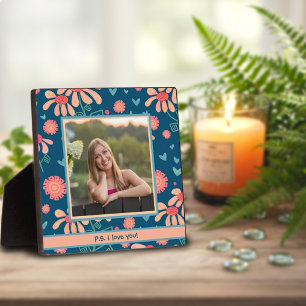 Plaque Photo Blue Floral Cute Photo Customisée Message d'amour