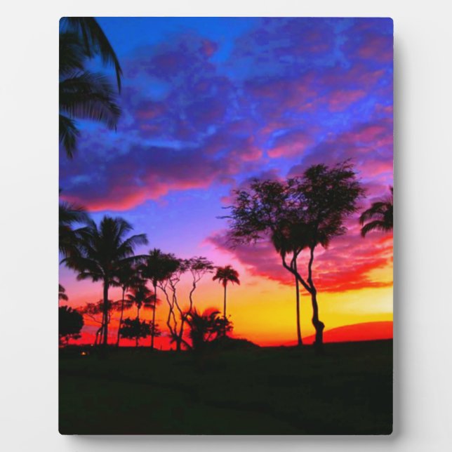 Plaque Photo Blue Red Sunset Exotic Hawaiian Beach Palm Trees (Devant)