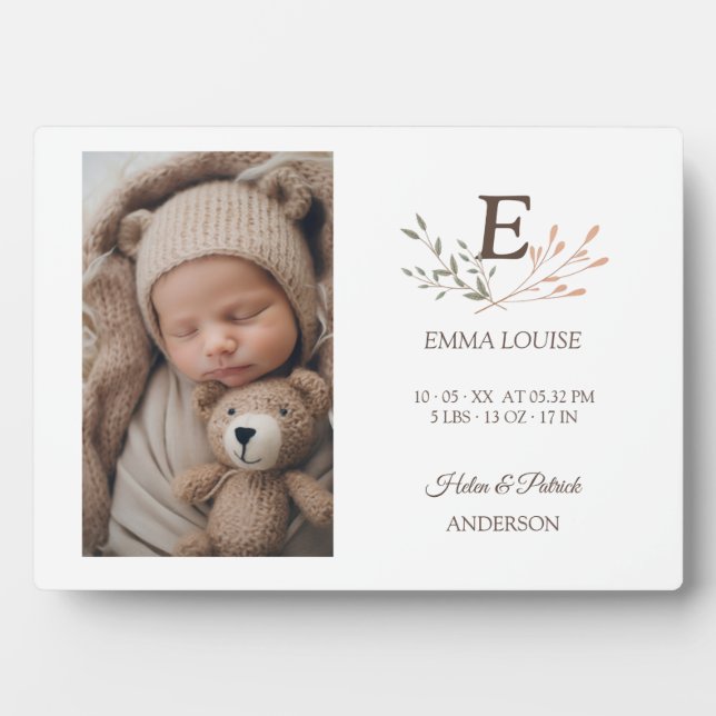 Plaque Photo Boho Floral Initial Bébé Nouveau-né (Devant)