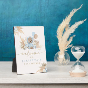 Plaque Photo Boho Teddy Bear Baby shower Garçon Bleu Ours Bienv