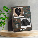 Plaque Photo Bois rustique avec coeur animal de compagnie photo<br><div class="desc">Bois rustique avec Coeur Pet Chien Photo Collage plaque. Cette plaque personnalisée comporte 2 photos et un nom sur un arrière - plan rustique en bois foncé. L'arrière - plan a un coeur griffé blanc et des taches blanches. Personnalisez la plaque avec votre chien ou toute autre photo et nom...</div>