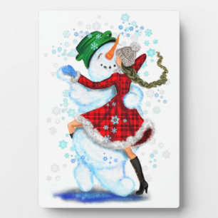 Plaque Photo Bonhomme de neige heureux et fille dansent le tang