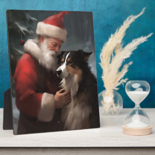 Plaque Photo Border Collie avec le Père Noël Festif Noël