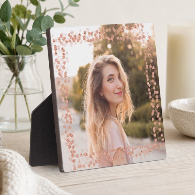 Plaque Photo Bordure de cœurs en or rose Photo (Rose Gold Hearts Border Photo Plaque)