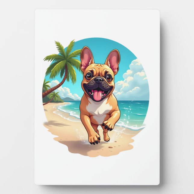 Plaque Photo Bouledogue français sur une plage (Devant)