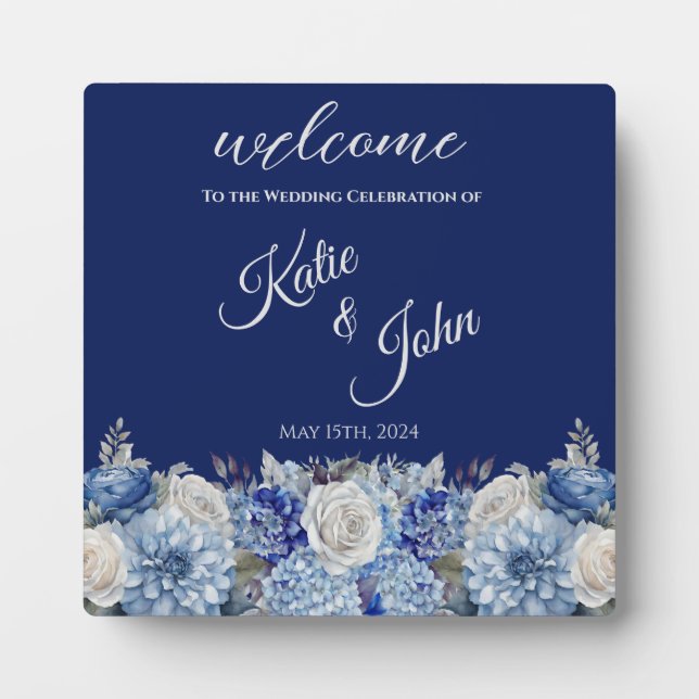 Plaque Photo Bouquet de fleurs bleu aquarelle-Mariage (Devant)