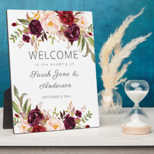 Plaque Photo Burgundy Marsala Floral Welcome Sign White