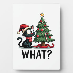 Plaque Photo Cadeau de chat noir drôle poussant l'arbre de Noël