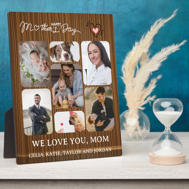 Plaque Photo Cadeau de la fête de la mère personnalisée : 7-Pho (Personalized Mom's Day Gift: 7-Photo Collage Wooden texture Plaque with Easel)