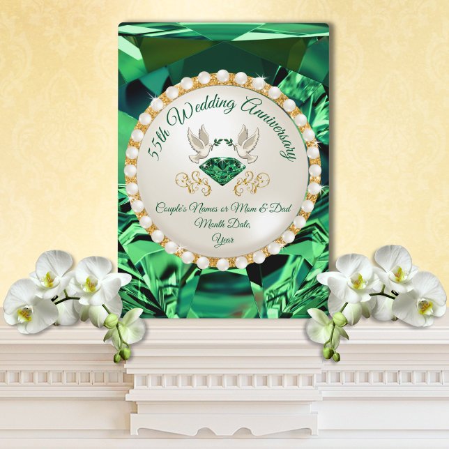 Plaque Photo Cadeaux de 55 ans pour l'anniversaire du Mariage p (Inexpensive, 55th wedding anniversary gift for friends. 55 year plaque. Emerald green accent decor. )