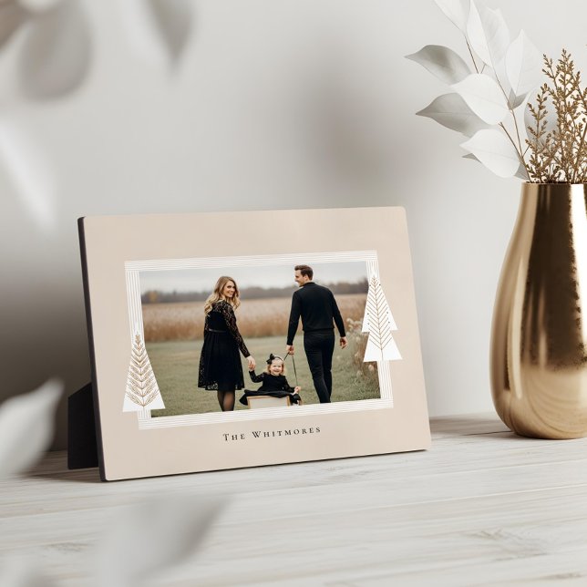 Plaque Photo Cadres en bande moderne À feuillage persistant Arb (Modern Stripe Frame Evergreen Christmas Tree Photo)