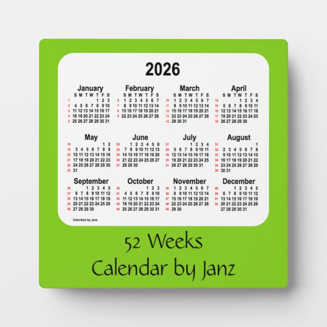 Plaque Photo Calendrier de 52 semaines 2026 Jaune vert par Janz (Devant)