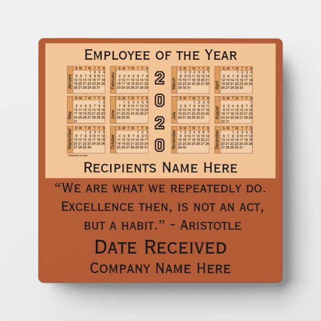 Plaque Photo Calendrier de bureau 2020 de l'employé de l'année  (Devant)