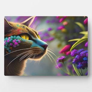 Plaque Photo Calico chat à fleurs bleues, Imaginaire
