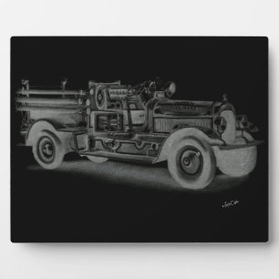 Plaque Photo camion de pompiers vintage dessiné à la main inver