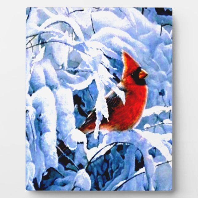 Plaque Photo Cardinal Rouge dans la neige d'hiver (Devant)