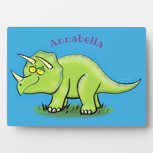 Plaque Photo Caricature de dinosaure de triceratops vert mignon (Devant)