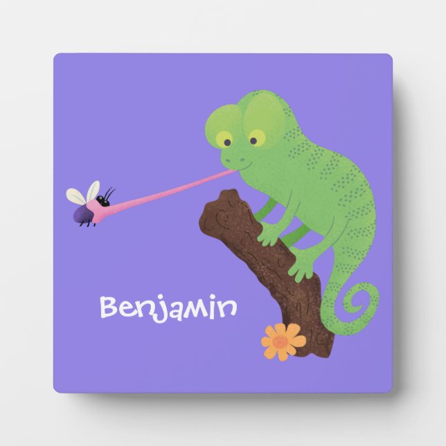 Plaque Photo Caricature de lézard de caméléon vert joyeux (Devant)