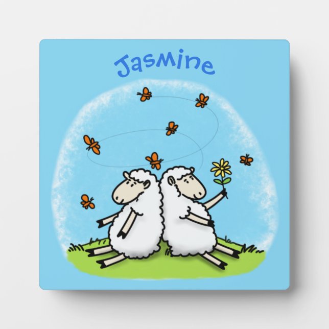 Plaque Photo Caricature de moutons mignons amis et papillons (Devant)