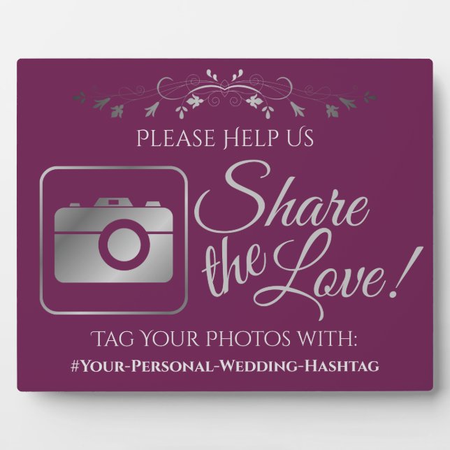 Plaque Photo Cassis & Silver Mariage Photo Partager Hashtag (Devant)
