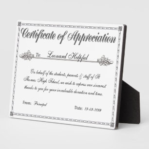 Plaque Photo Certificat d'appréciation Prix personnalisé