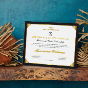 Plaque Photo Certificat de prix d'or du patrimoine de leadershi