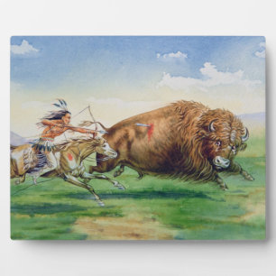 Plaque Photo Chasse sioux buffle sur poney décoré (huile sur ca