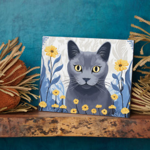 Plaque Photo Chat Bleu Russe Fleurs Jaunes