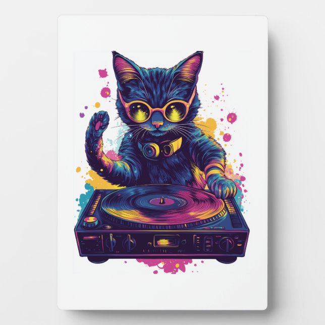 Plaque Photo Chat DJ funky � Fête Kitty Disco Rétro (Devant)