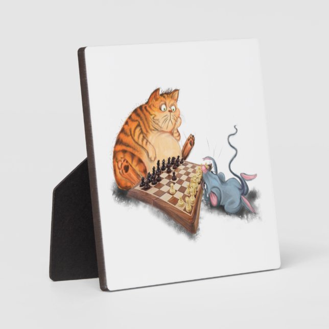 Plaque Photo Chat et Souris Jouant aux Échecs Dessin Animé Drôl (Recto)