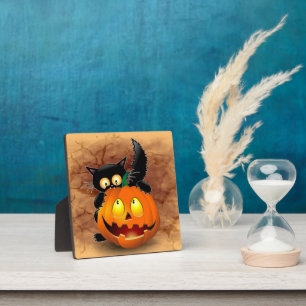 Plaque Photo Chat Fun Halloween Caractère mordant un Citrouille