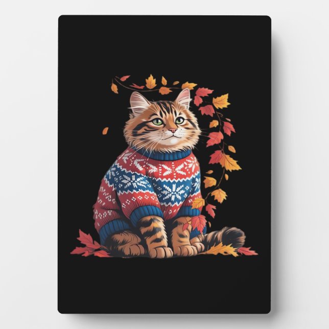 Plaque Photo Chat Leaf Automne Bonjour Automne Funny Chat Kitte (Devant)